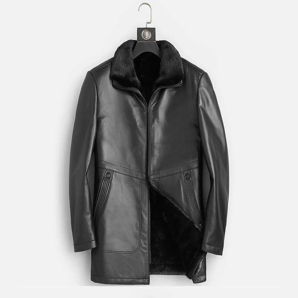 Real mink mens winter warm black high-quality medium to long leather jacket fashionable fur coat W241213