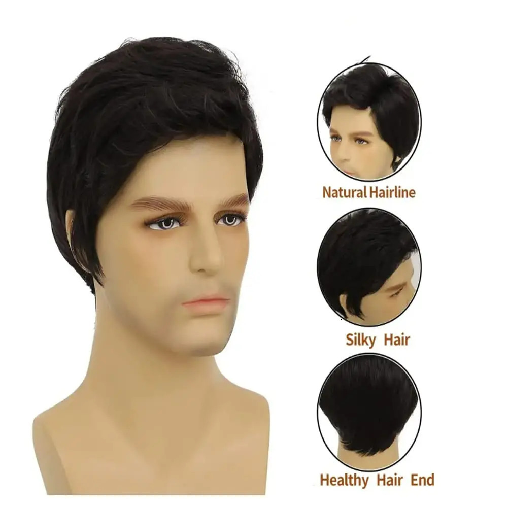 Black Wigs for Men Short Side Part Natural Layered Fluffy Synthetic Mens Wig for Daily Party Halloween Cosplay with Wig Cap 241213