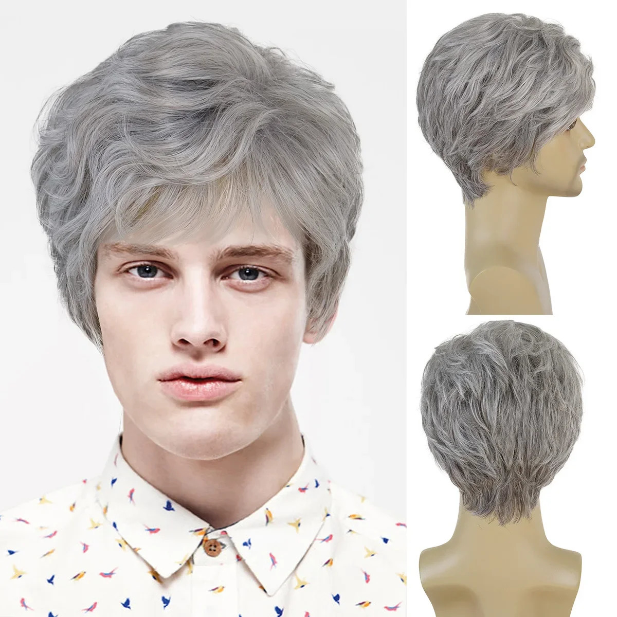 Synthetic Hair Ombre Gray and White Wigs for Men Short Haircuts Natural Curly Wig with Bangs Cos Student Hairstyle Male Cospaly 241213