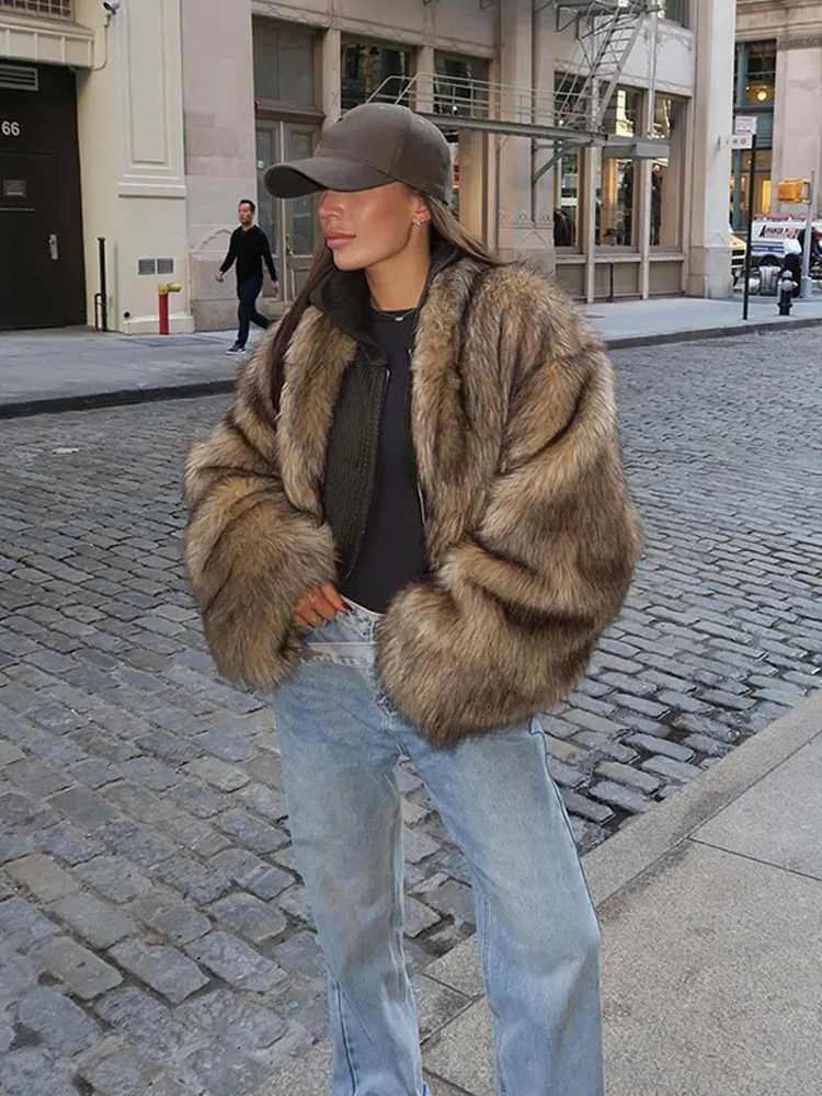 Vintage Faux Fur Coat Women Fashion Round Neck Long Se Furry Warm Cropped Jacket Winter Girls Short Fluffy Strt Outerwear X241214