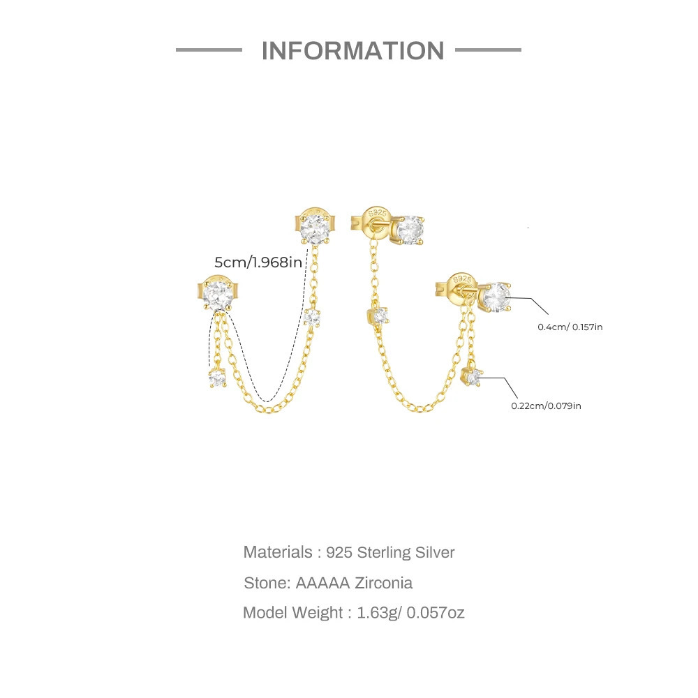 AIDE 925 Sterling Silver Double Ear Studs Tassel Chains Hanging Earrings for Women Ear Piercing Shiny Square Zircon Jewelry 241214
