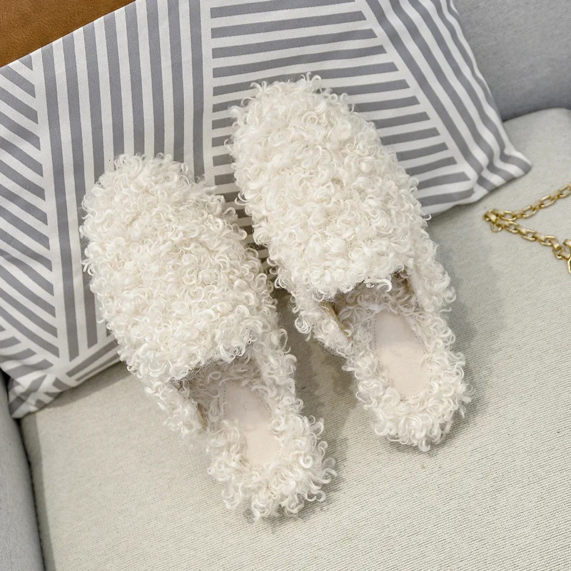 Woolen leather shoe slider womens casual velvet mule Loafers large-sized slider low plush soft flat Roman round toe hooded sweatshirt 241213