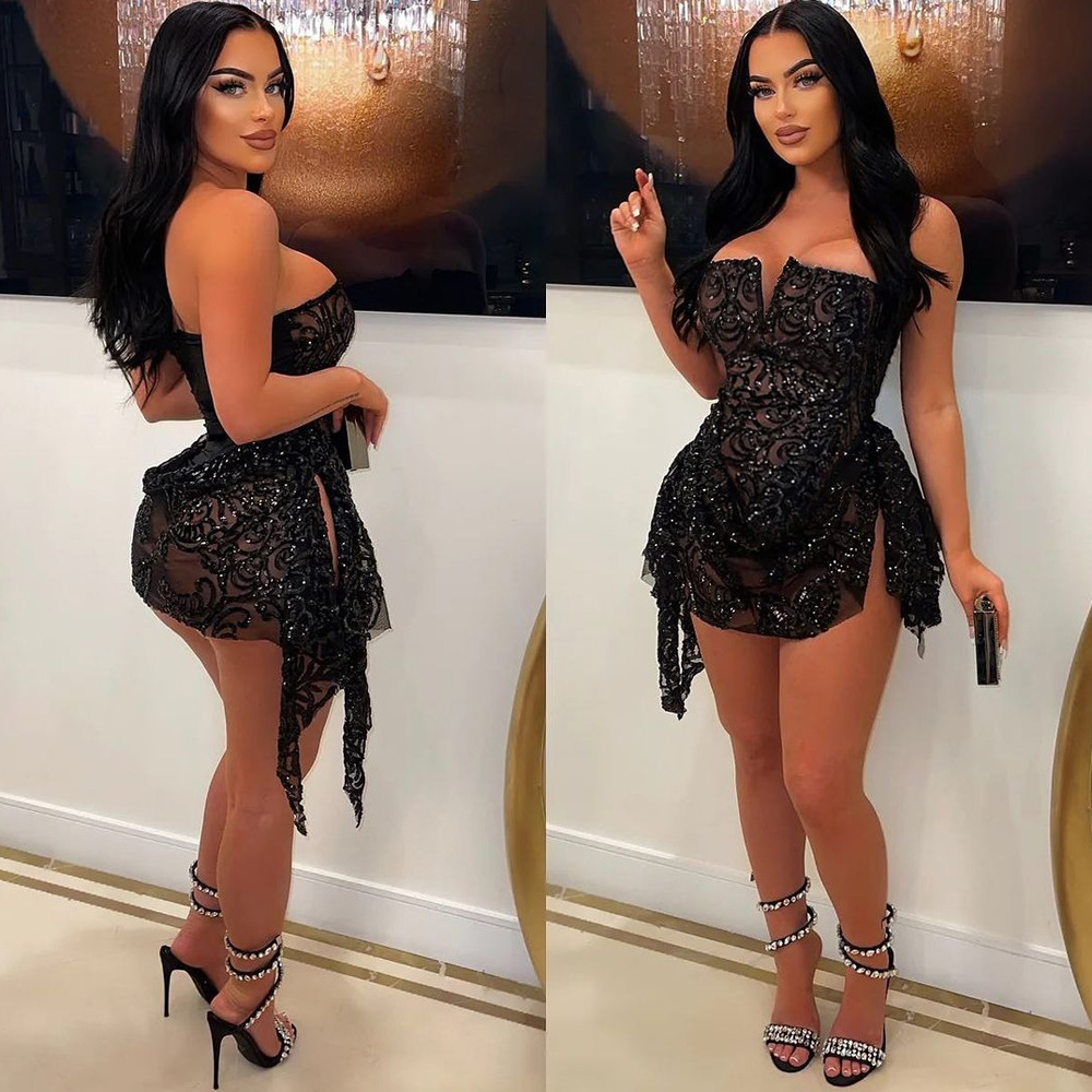 Sexy V-neck see through sequin dress women's new summer outfit 3-color pleated skirt party tight evening dress birthday party club