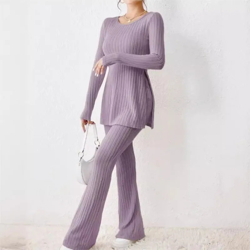 Autumn Winter Womens Clothing Style Solid Color Sexy Casual Long Sleeved Round Neck Slit Fashion Temperament Twopiece Set 241203