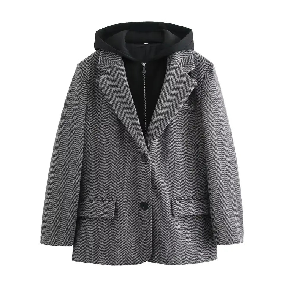 Dave Di Autumn And Winter French Minimalist Gray Texture Hooded Patchwork Jacket Retro Casual Suit Blazers Women 241209