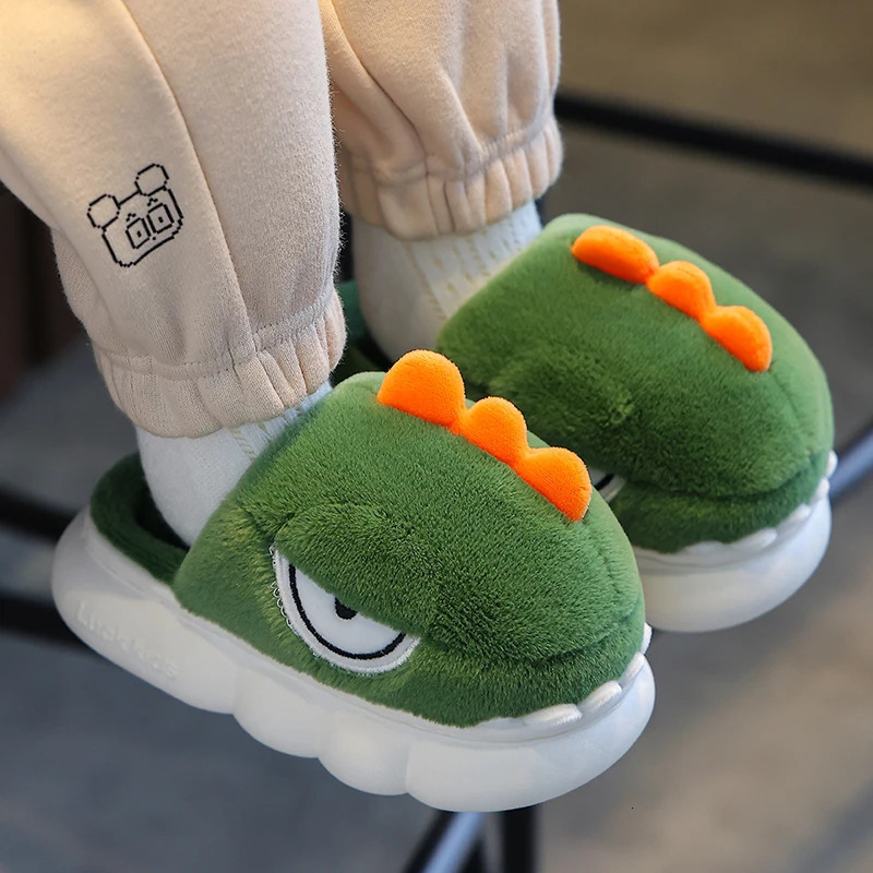 Winter Warm Plush Slippers Childrens Funny Cartoon Dinosaur Non-slip Soft Sole Kids Baby Boys Girls Indoor Home Cotton Shoes 241213