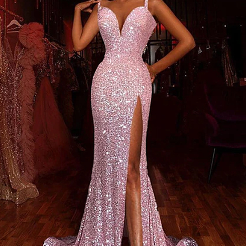 Summer New Womens Dress Split Sleeveless Sequin Strap Floor Mopping Dress