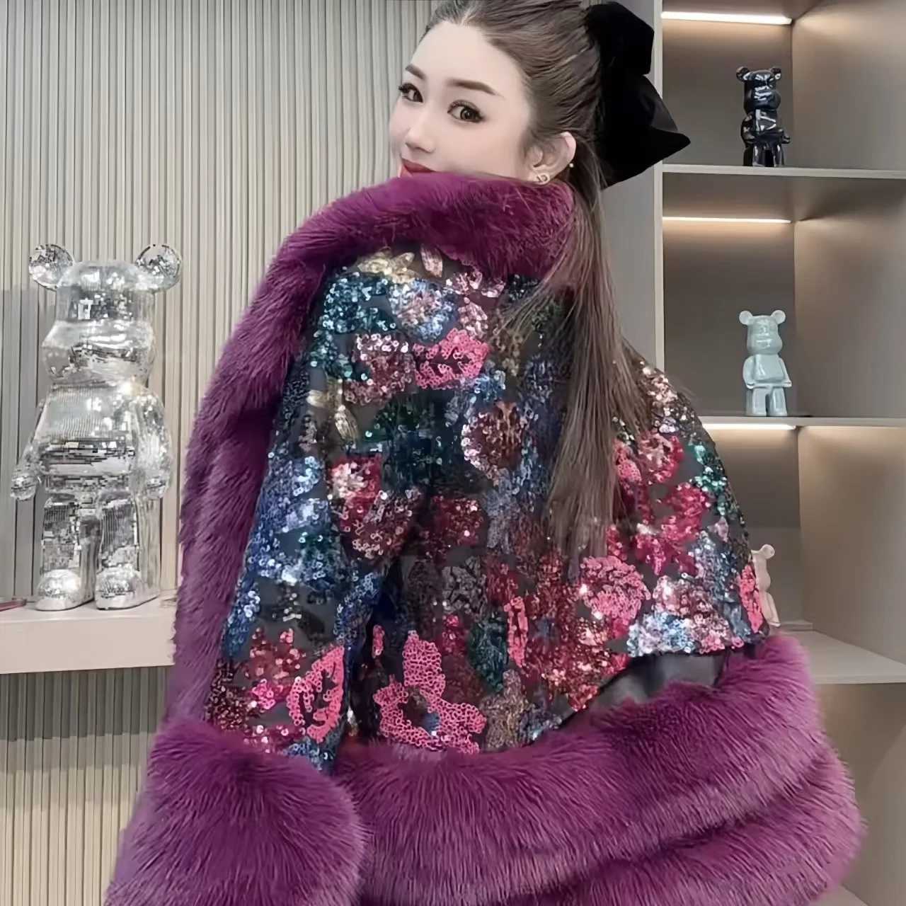 Womens faux fur coat fur collar jacket patchwork coat womens clothing luxury sequins new winter 2024 X241214