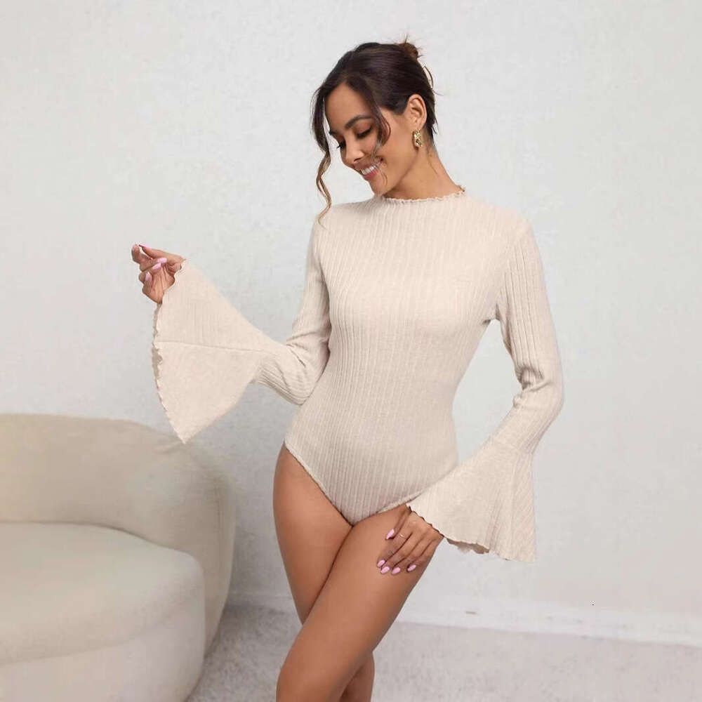 European and American brushed pit striped flared sleeves, ruffle collar, sexy slim fit, solid color knitted jumpsuit, women's top