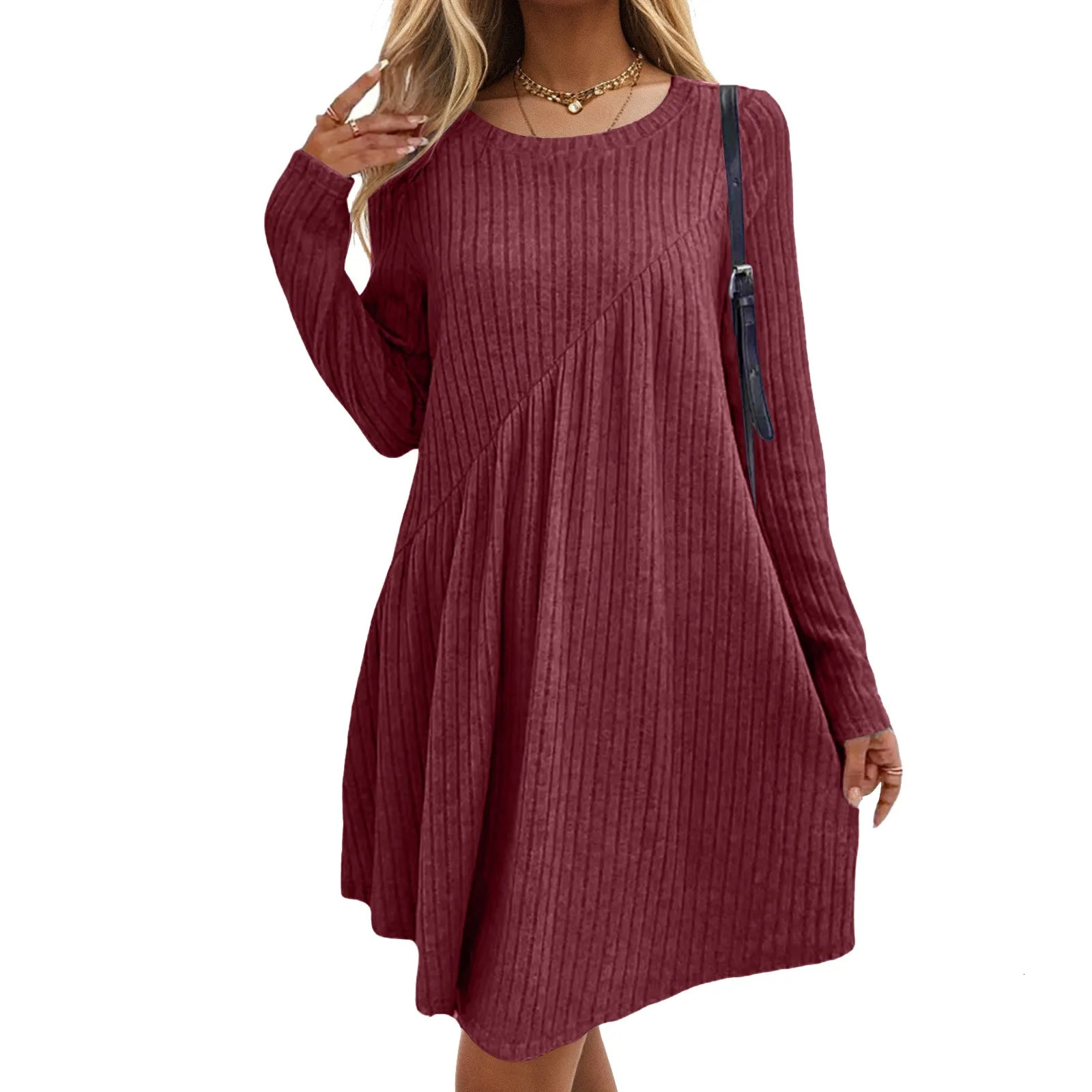 Womens autumn sweater dress streetwear staff neckline long sleeves winter knit Midi 2024 asymmetric tension short sleeved 241212