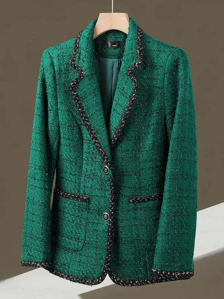 Autumn Winter Ladies Casual Blazer Women Black Green Beige Plaid Jacket Female Long Sleeve Single Breasted Slim Coat 241209