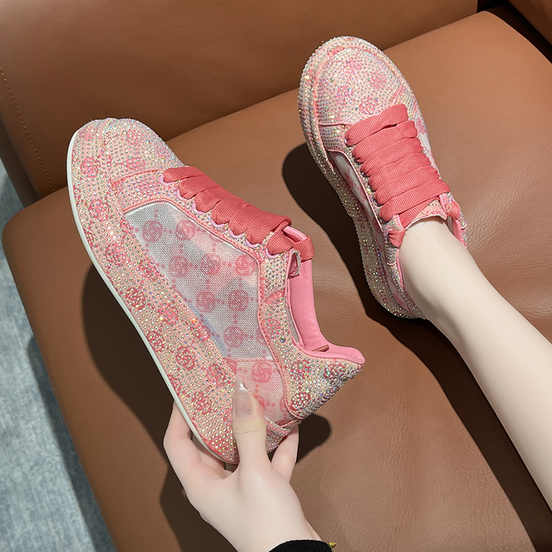 Full Diamond Thick Bottom Designer Casual Shoes with Lace up Women's Fashion Sports Shoes Pink Printed Women's Luxury Flat Shoes High Qualit