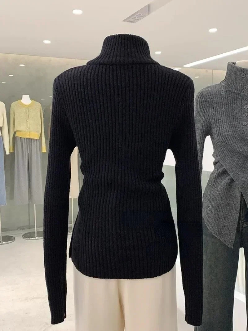 Korean Chic Elegant Slim Fit Cardigan Cross Button Simple Long Sleeve Turtleneck Sweaters 2024 Autumn Allmatch Solid Jumper 241214