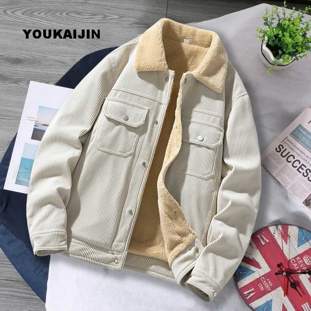 Winter wool jacket mens khaki warm thick Corduroy fur collar jacket mens jacket casual fashion outdoor windproof jacket mens W241213