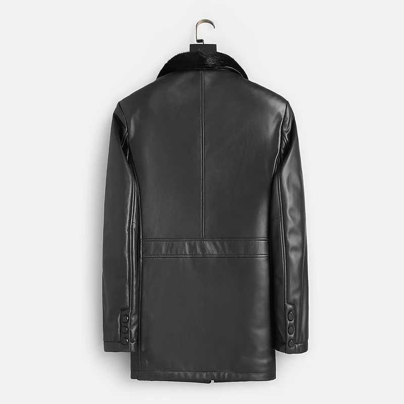 Real mink mens winter warm black high-quality medium to long leather jacket fashionable fur coat W241213