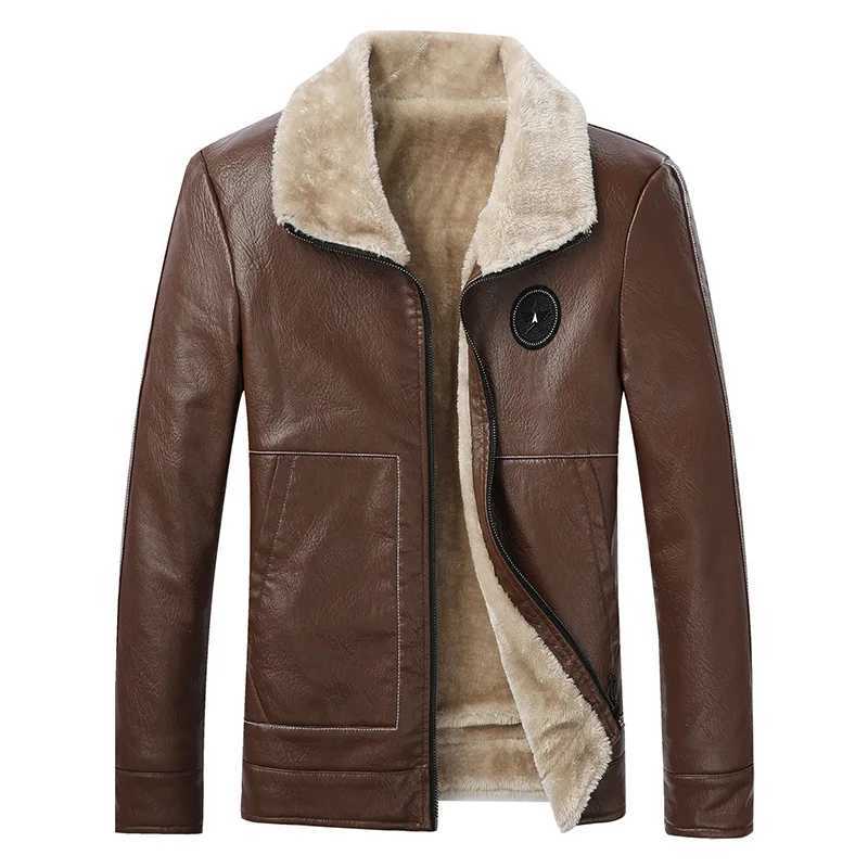 Winter mens casual collar plush warm leather jacket ultra-thin lightweight motorcycle leather jacket large-sized fur integrated PU jacket W241213