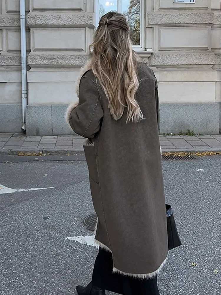 Soft Lapel Collar Warm Double Sided Wear Long Faux Fur Jacket Fashion One Buttons Pocket Overcoat New Winter Woman Commuter Wear X241214