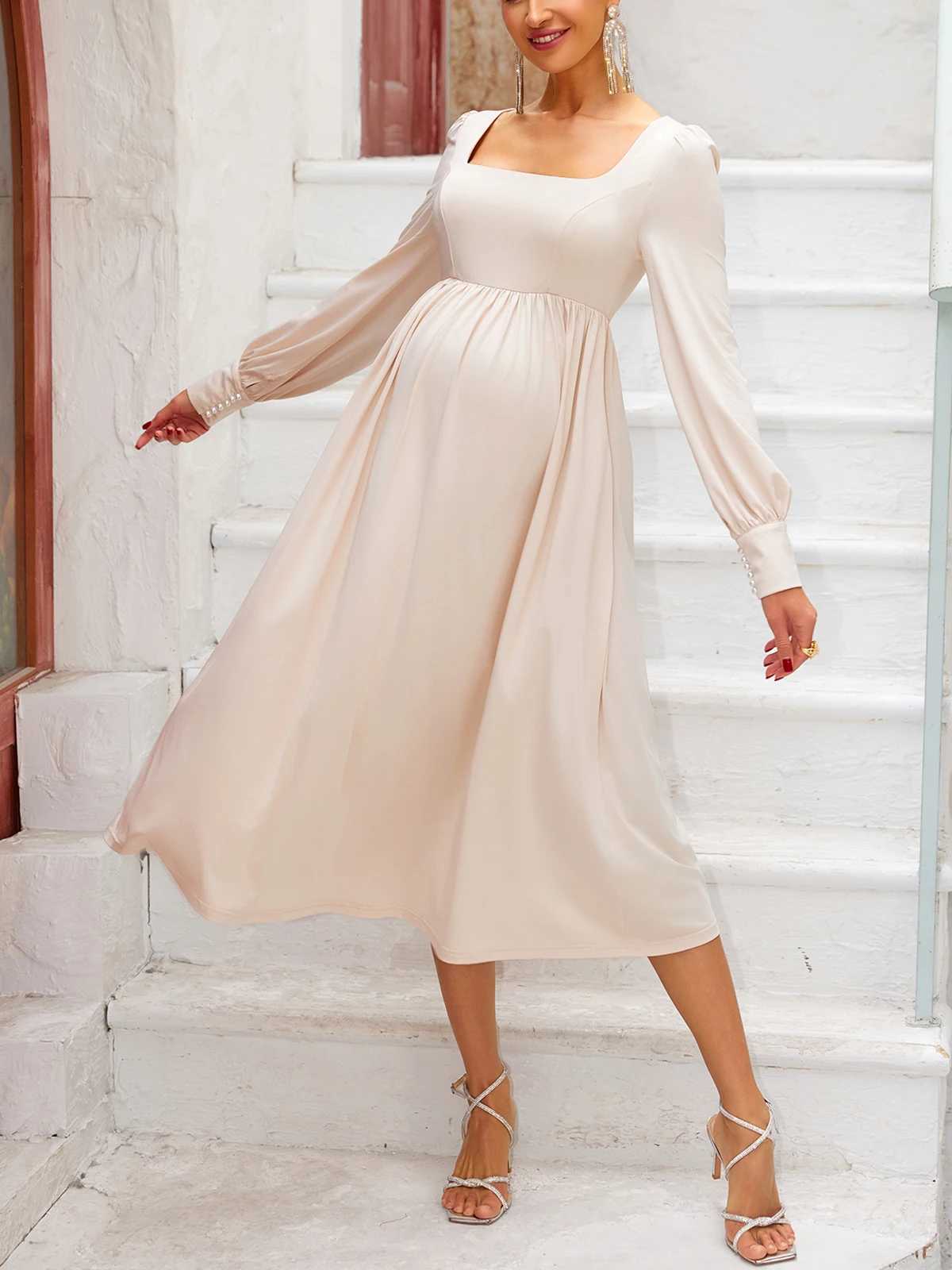 ItsRoya Solid Square Neck Pearl Long Sleeves Materni Dress Ruched Women Photography Props Dresses Casual Pregnant DressesXJ241213