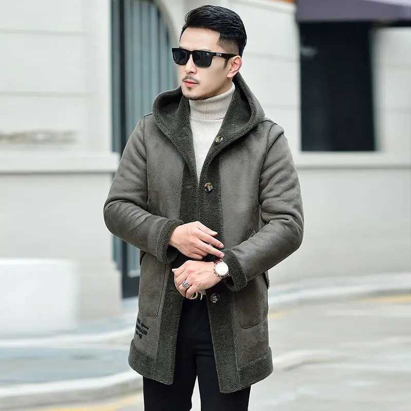 2023 Autumn Winter Mens New Authentic Sheepskin Coat Mens Fashion Ultra Thin Warm Jacket Mens Casual True Fur Hoodie W241213