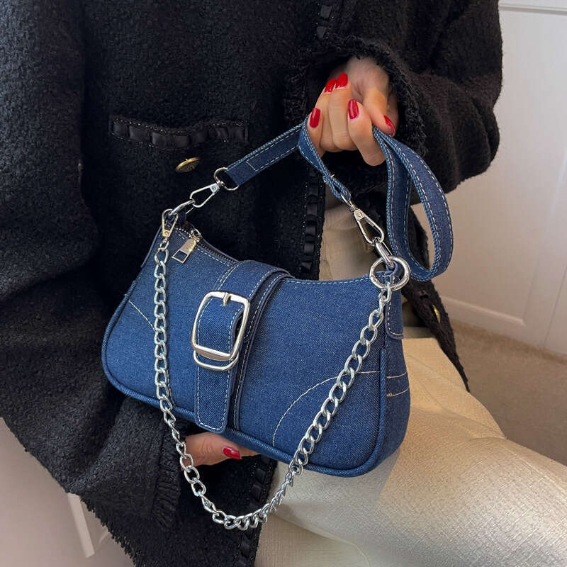 Advanced Denim Small For Women, New European And American Style Fashionable Single Shoulder Crossbody Bag, Chain Armpit Baguette Bag