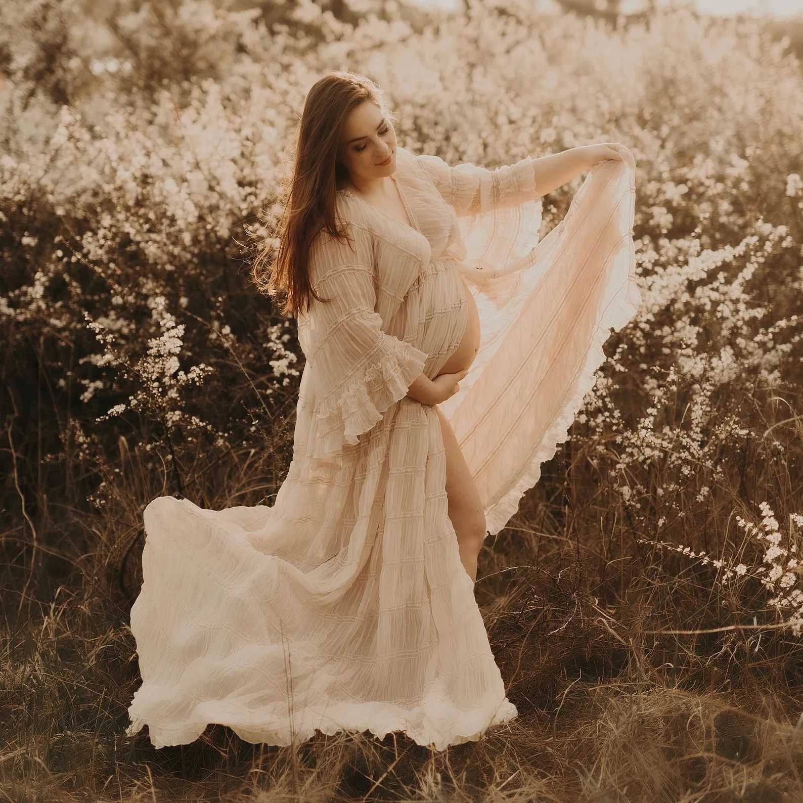 Boho Sle Pleat Materni Photo Shooting Dress Open Front Bohemian Long Dress For Pregnancy Photo ShootXJ241213