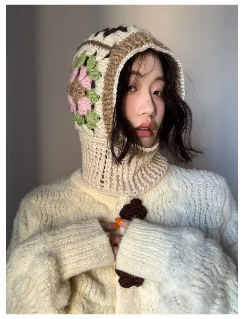 Handmade crocheted Balaclava womens hat autumn and winter wool knitted flower bean hat neck warm womens hat 241205