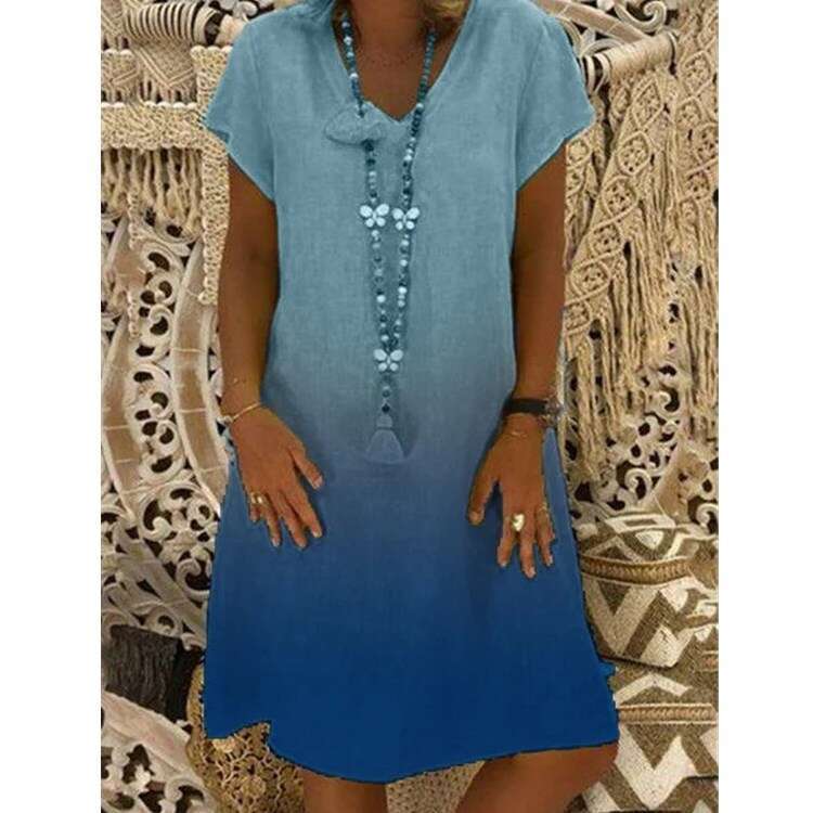 Women's 2021 gradient printed knitted short sleeved V-neck dress 2024 new casual fashion trend clothing