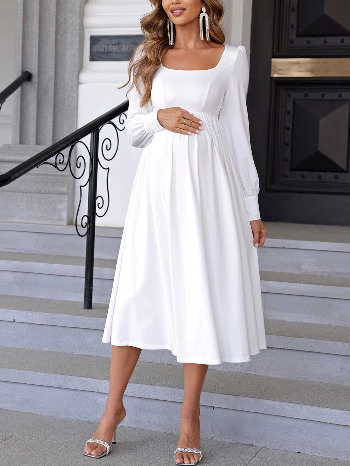 ItsRoya Simple Solid White Casual Materni Dress Long Sleeves With Pearl Women Photography Props Dress Ruched Pregnant ClothingXJ241213