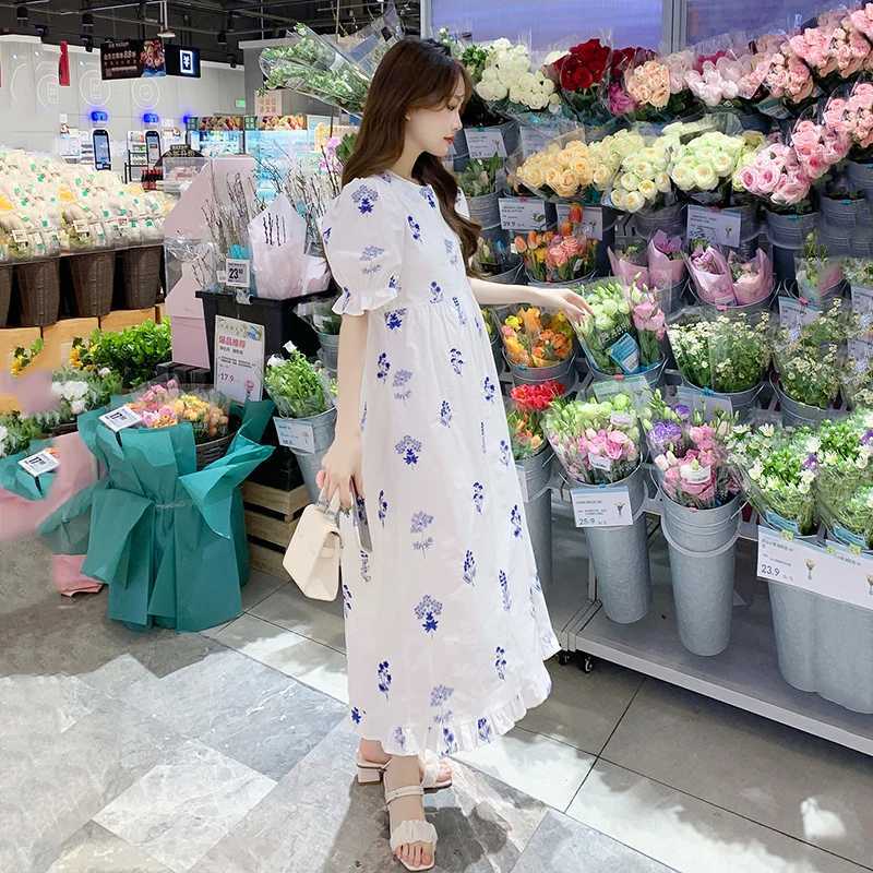 Summer Long Loose Materni Cotton Dress Puff Sleeve O-Neck Ruffles Patchwork Pregnant Woman Floral Dress Pregnancy Par DressXJ241213