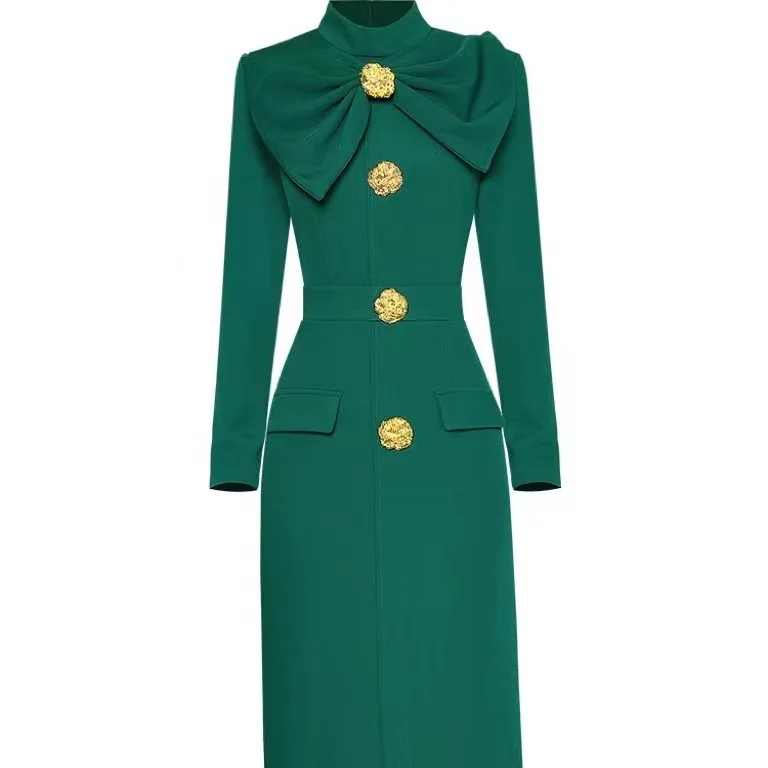 Casual Dresses Autumn Winter Dress For Women Fashion Long Sleeve Golden Button Pearl Vintage Black Bow Long Sleeve Midi Woolen Dresses 2025