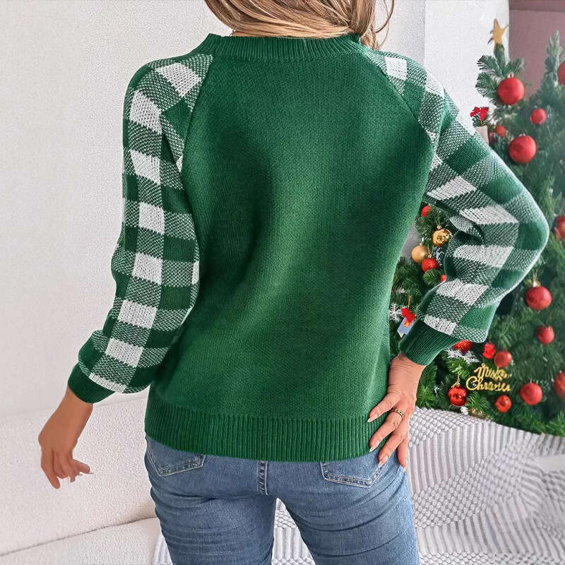 2024 Autumn/Winter New European and American Christmas Knitwear Women's Casual Checkered Elk Long Sleeve Hooded Sweater Women