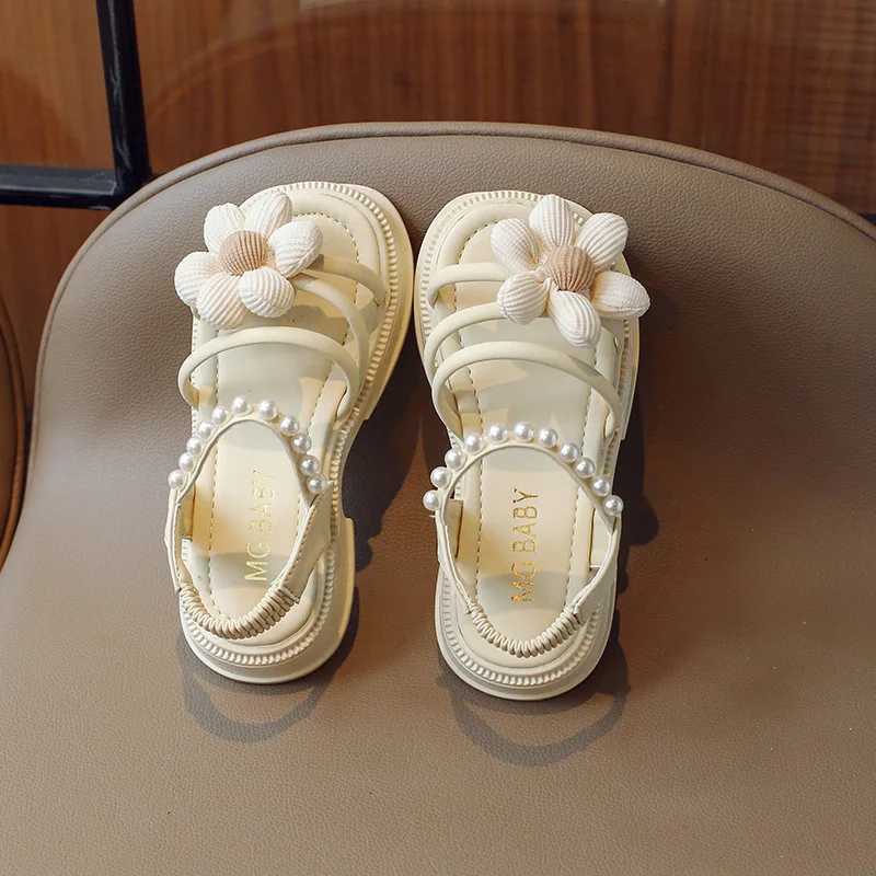 Sandals Girls Sandals Summer Appliques Black Beige Children Sliders Anti-slip Flower 26-35 mary janes All-match Kids Shoes Child H05165 H241213