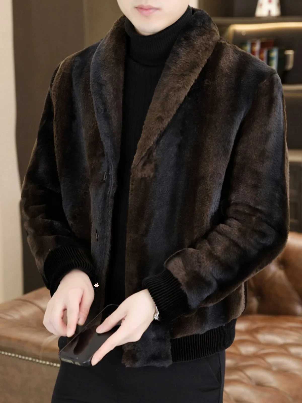 2024 Mens Winter Fashion Plus Velvet faux fur coat Mens slim fit short coat Mens imitation fur warm jacket G624 W241213