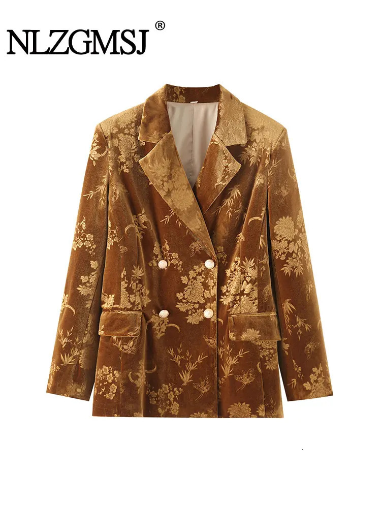TRAF Autumn Winter Velvet Chic Office Lady Blazer Long Sleeve V Neck Single Button Pockets Fashion 241209