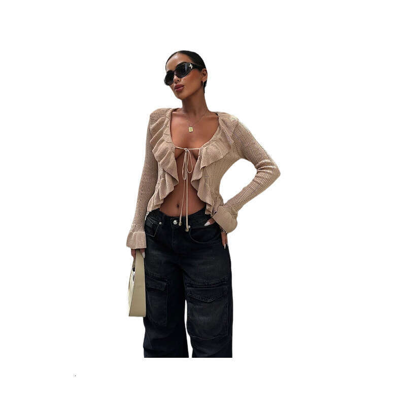 New knitted cardigan jacket European and American foreign trade, sexy hollow out exposed navel tied long sleeved ruffle edge sweater for women