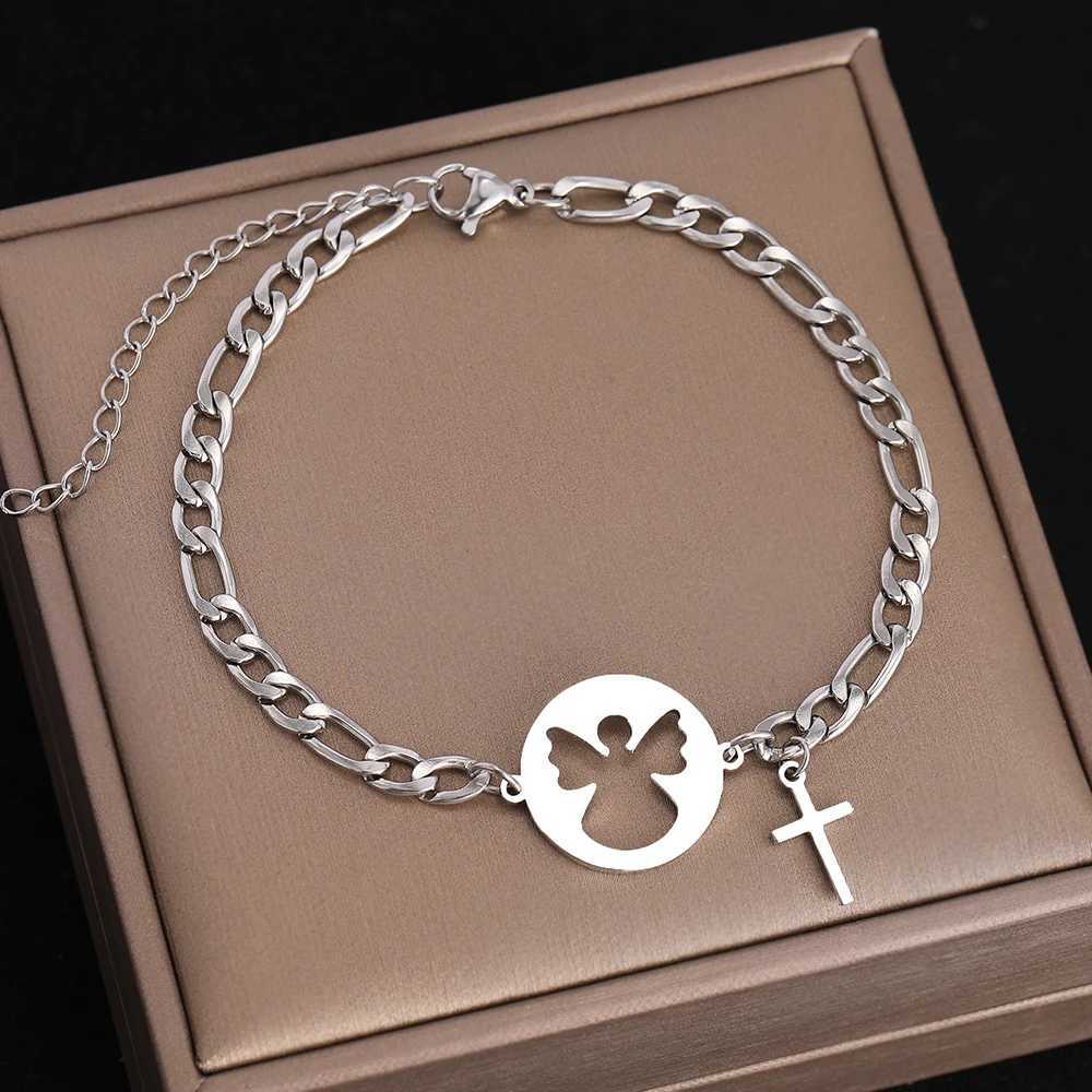 Stainl Steel Bracelets Cartoon Angel Cross Cool Girls Gothic Pendants Figaro Chains Unique Charms Bracelet For Women JewelryXJ241214