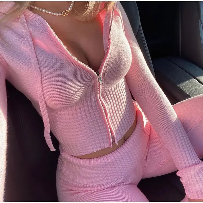 Fashion Women Ribbed Knit 2 Piece Outfits Long Sleeve ZipperUp Slim Fit Hooded Crop Top Elastic Pants Set Y2K Tracksuits 241203