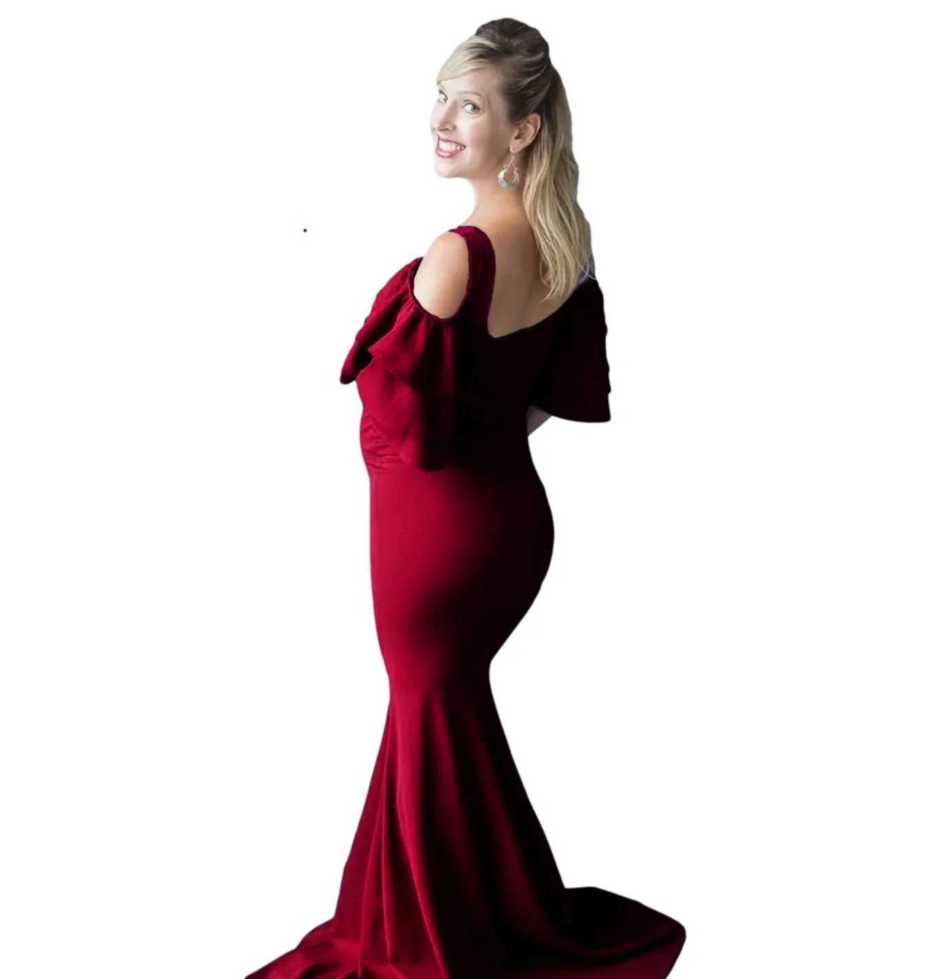 Materni Dresses for Photoshoot Women Mermaid Elastic Photography Gown Cold Shoulder Ruffle Sleeves Wedding Baby Shower DressXJ241213