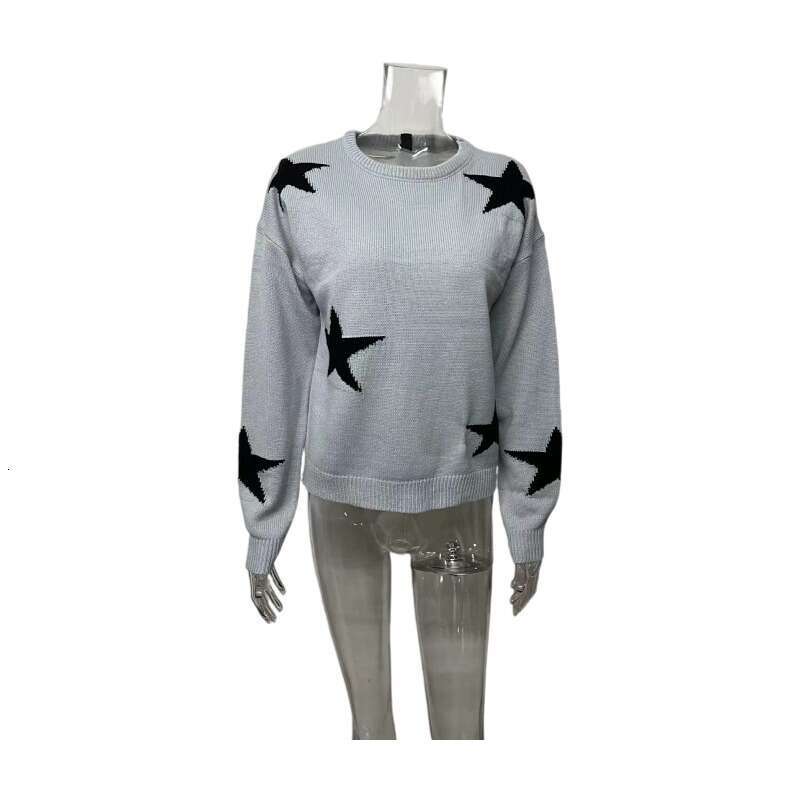 2024 European American autumn and winter women's wearing round neck long sleeved five-star jacquard pullover knitted sweater