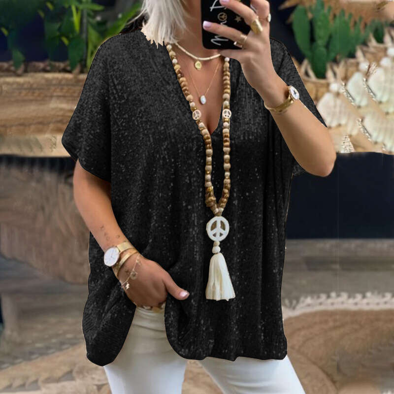 New European And American Short Sleeved Urban Casual Color Loose Fitting Pullover Sequin V-Neck T-Shirt Top For Women