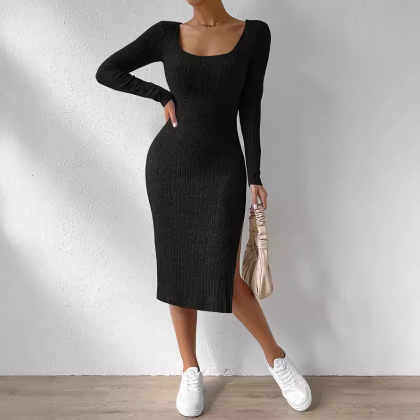 New Designer Square Collar Long Sleeved Hem Slit Jacquard Women's Fleece Dress