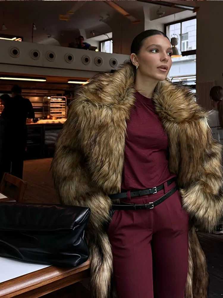 Retro Long Faux Fur Fashion Collar Thick Warm Fluffy Jacket Winter Womens T-shirt Coat X241214