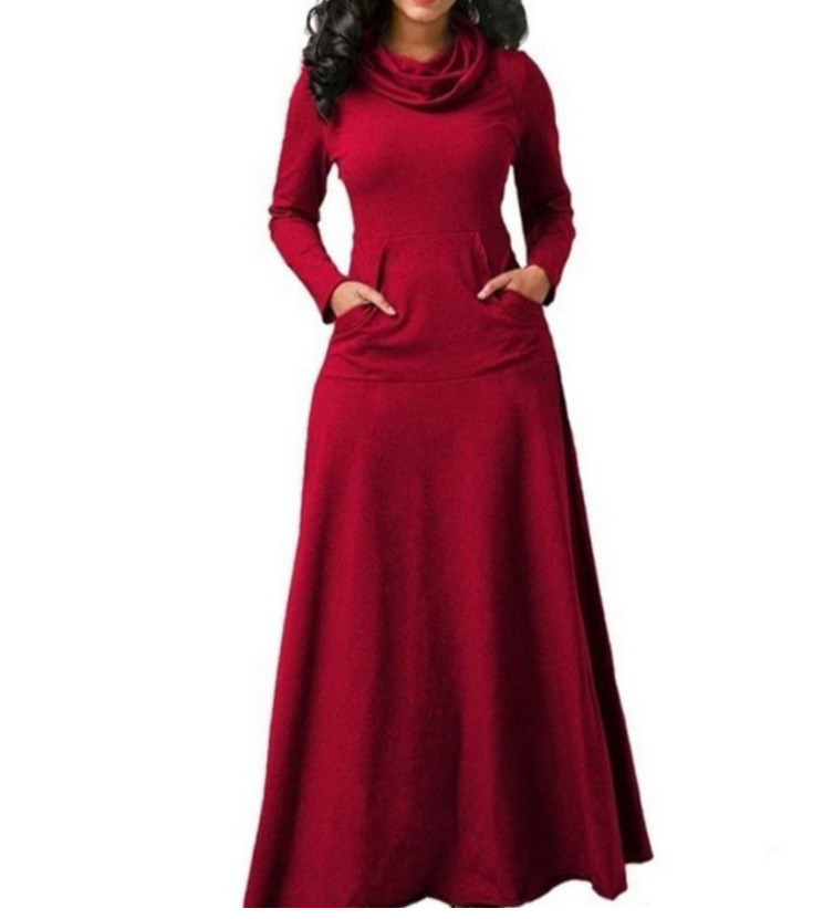 Winter Best-selling Designer Solid Color Patchwork Pocket European Women's Dress Outdoor Casual Long Dress