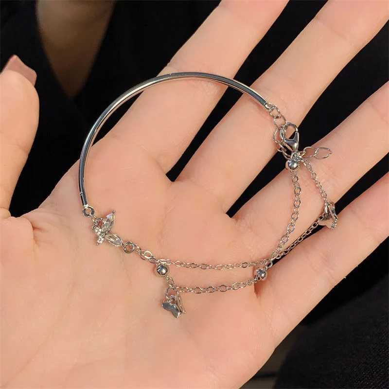 Butterfly Shiny Zircon Silver Color Bangle Light Luxury Multi-layer Chain Bracelet For Women Fashion Hand Accories JewelryXJ241214