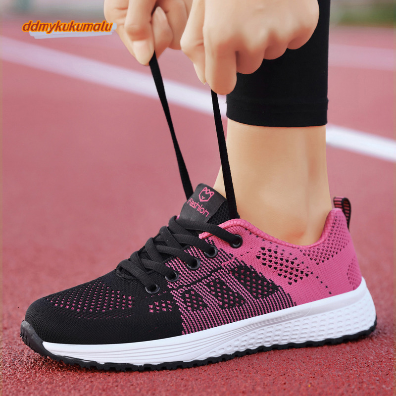 Casual Breathable Walking Mesh Lace Up Flat Shoes Sneakers Women Tenis Feminino Pink Black White #30 ddmykukumalu