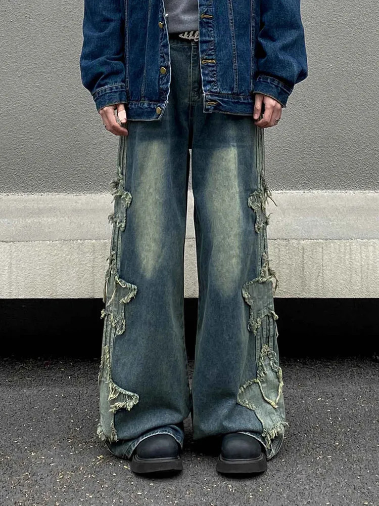 2024 Ropa Y2K Streetwear Star Patchwork Embroidered Luggage Stacked Jeans Mens Wide Leg Old Straight Denim Shorts 241211