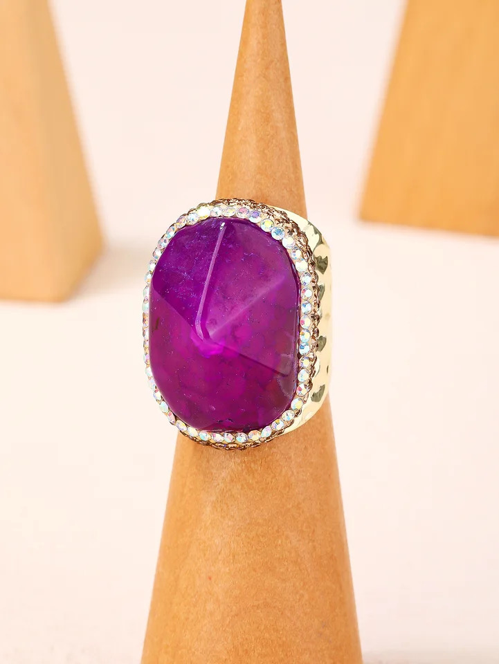 YEEVAA Purple Agate Gemstone Ring Healing Crystal Adjustable Handmade Wide14k Gold Plated Jewelry Gift 241214