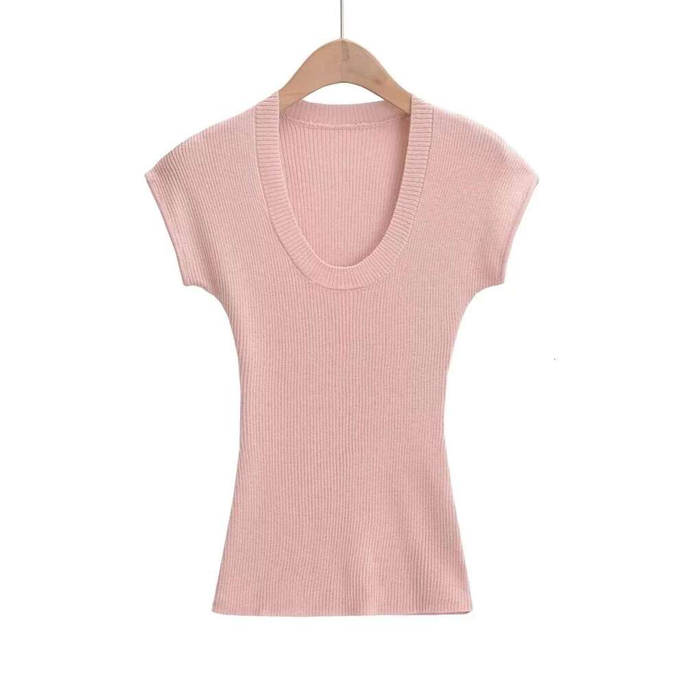 American INS summer U-neck solid color thin short sleeved top, women's stretch slim fit and slimming knit T-shirt, 2024 new casual fashion trend 