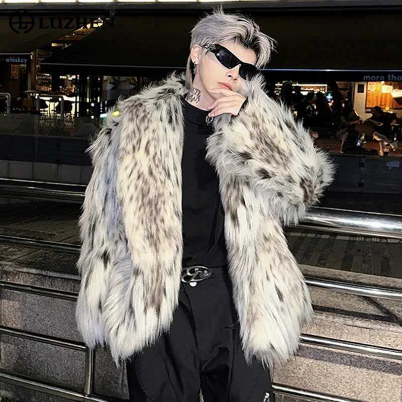 LZHEN trendy high-end fashion faux fur coat leopard personalized elegant casual windproof mens top new coat LZ7984 W241213