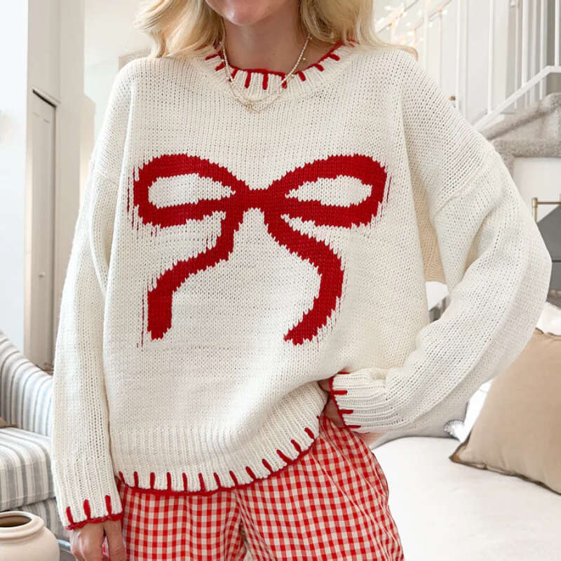 2024 European and American new lazy style pullover knitted top with butterfly knot jacquard loose outer sweater for women